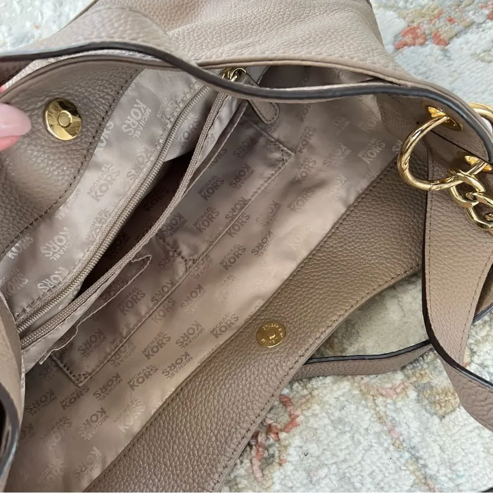 Michael Kors Jamesport Leather Hobo Large Shoulder Bag Taupe Tan Nude Gold